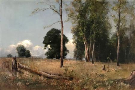 William Wendt -- A California Landscape 20 X 30 inches featuring a meadow and trees with incoming fog over Morro Bay, California